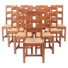 Set of Ten French Oak Ladder Back Chairs with Rush Seats, C 1960