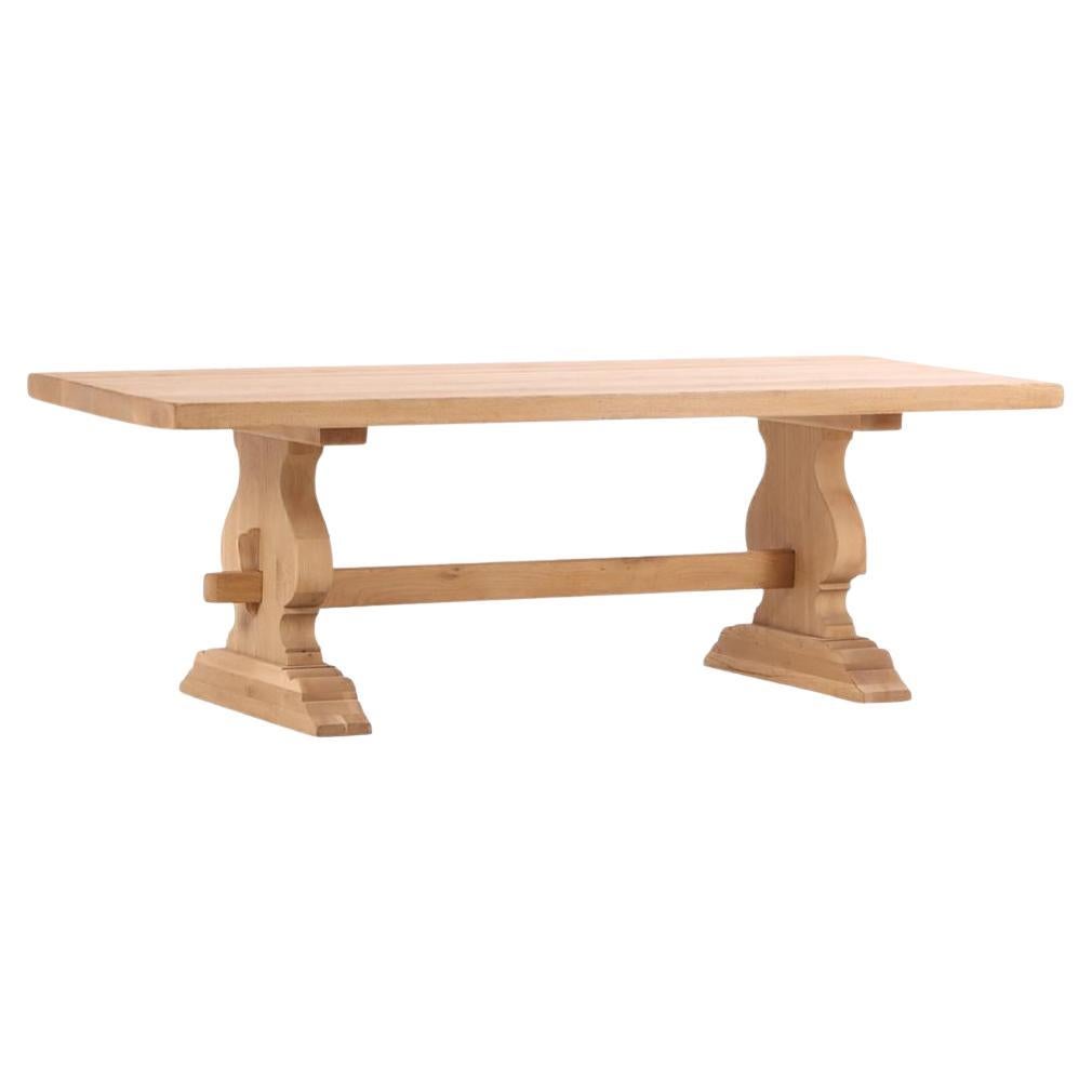 French Solid Oak Slab-Top Trestle Table, C 1950. For Sale