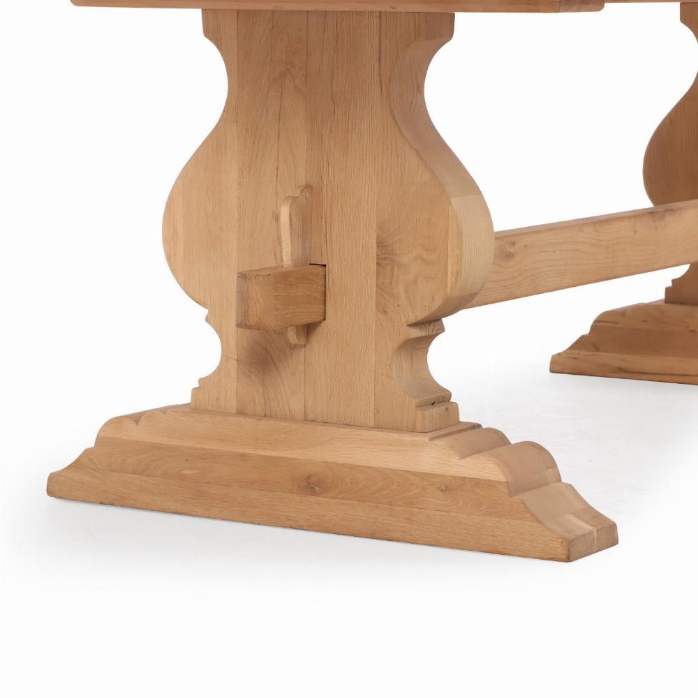 French Solid Oak Slab-Top Trestle Table, C 1950. In Good Condition For Sale In Philadelphia, PA