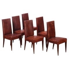 Set di 6 sedie da pranzo francesi in legno e pelle, 1940 circa
