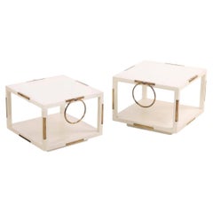 Rare Pair of Two-Tier White Lacquered Wood and Brass End Tables, C. 1960