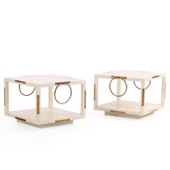 Rare Pair of Two-Tier White Lacquered Wood and Brass End Tables, C. 1960