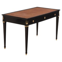 French Directoire Style Ebonized Mahogany Leather Top Writing Table, C. 1945