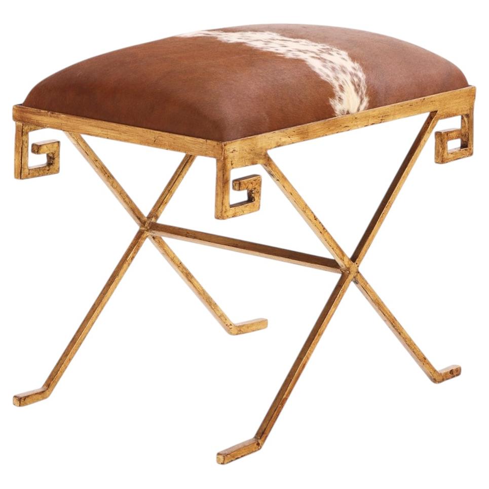 Gilt Iron Bench Upholstered in New Cowhide. Contemporary. For Sale