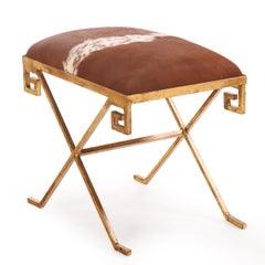 Gilt Iron Bench Upholstered in New Cowhide. Contemporary.