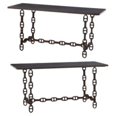 Pair of Brutalist Blue Stone Top Chain Consoles, C. 1970