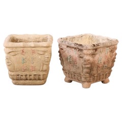 Pair of Italian Cast Stone Planters with Face Motifs