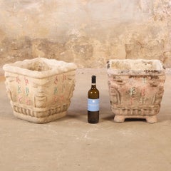 Pair of Italian Cast Stone Planters with Face Motifs