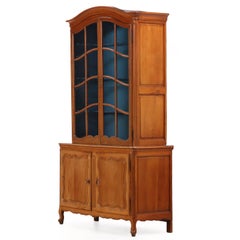 Two-part French Provincial Cherry Cabinet Having Painted Blue Hutch, 19th C.