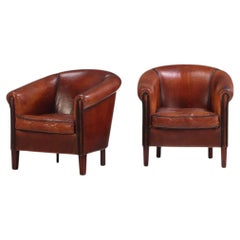 Pair of Leather Art Deco Style Dutch Club Chairs, C. 1960