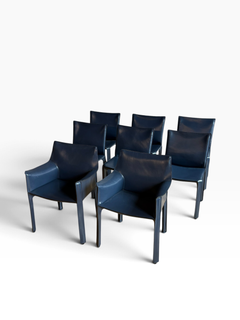 8er-Set – Cassina Cab-Stühle aus marineblauem Leder, 2000er Jahre
