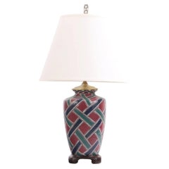 Vintage Chinoiserie Multi-Color Interlocking Ribbon Ceramic Table Lamp.