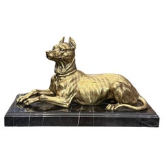 19th Century French Bronze & Marble Dog Inkwell by E. Delabrière