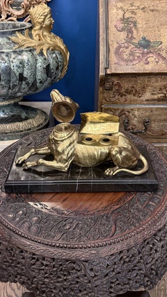 19th Century French Bronze & Marble Dog Inkwell by E. Delabrière