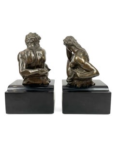 Fine & Oversized Pair of Bronze & Belgian Black Marble Bookends After Michelange
