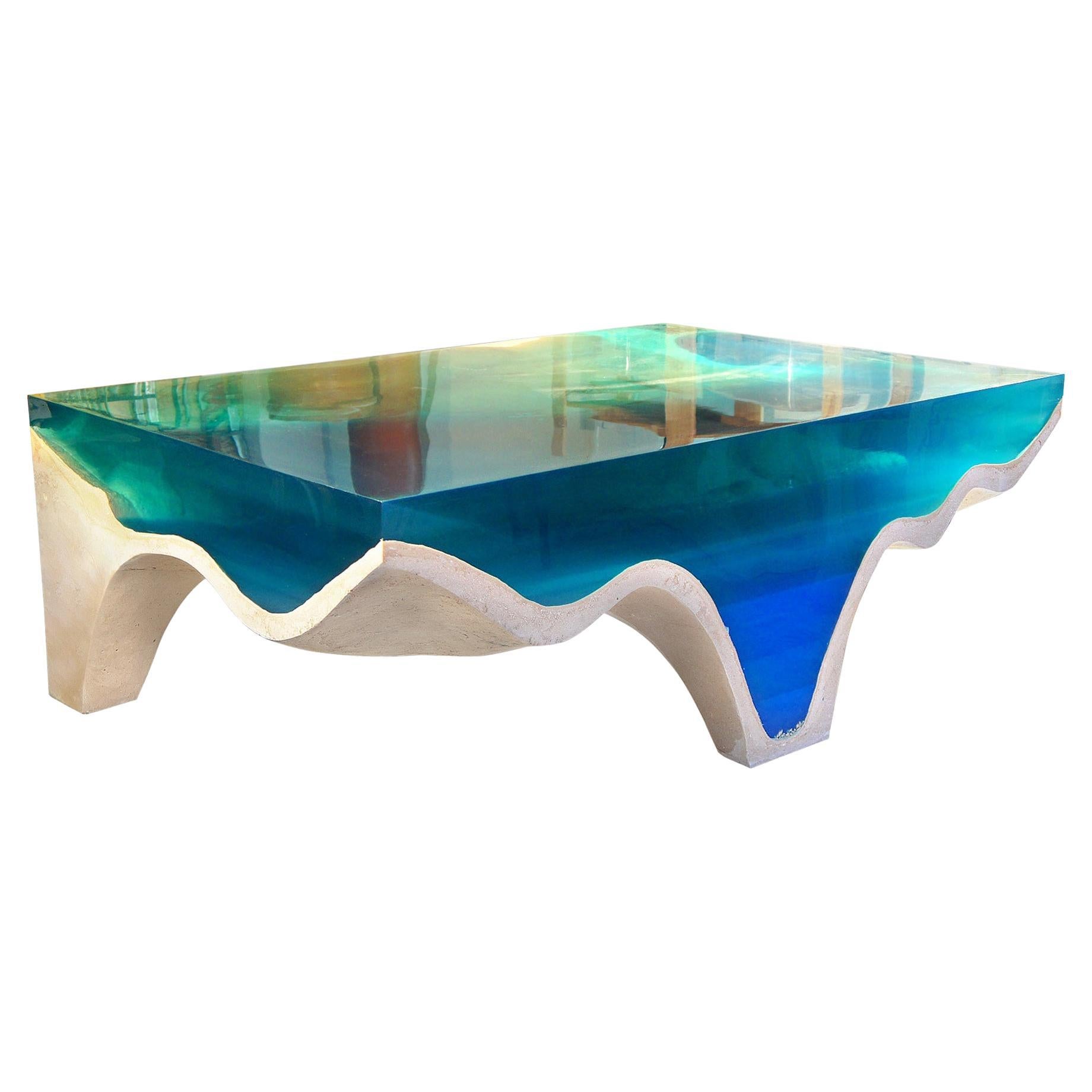 Table de salle à manger Crete d'Eduard Locota, verre acrylique bleu turquoise et marbre