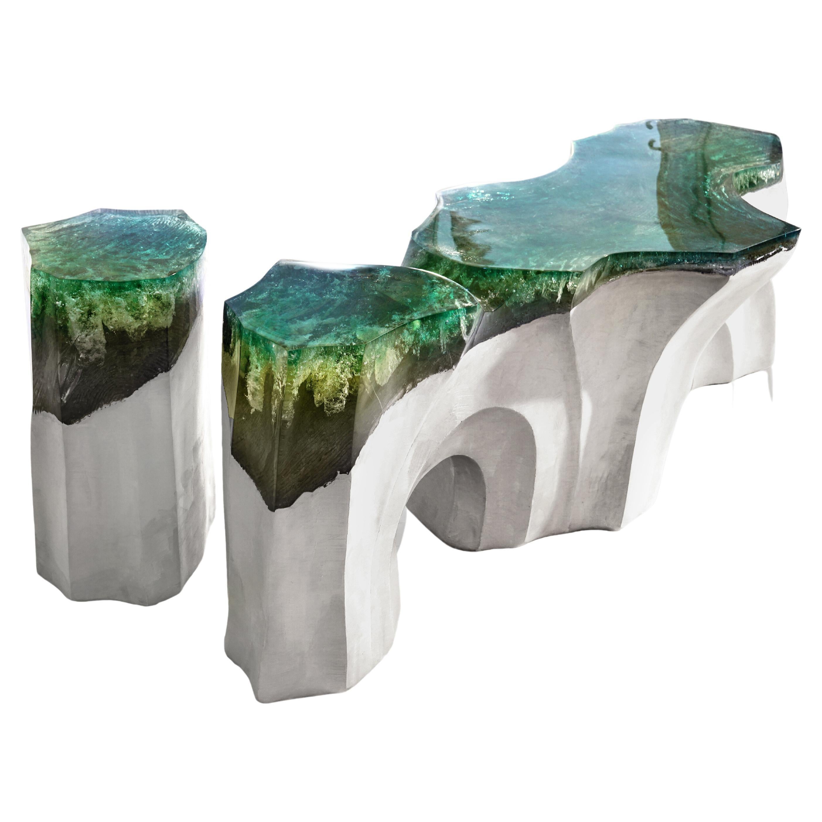 La Falaise Bench & Side Table - Eduard Locota with turquoise-green Acrylic Glass