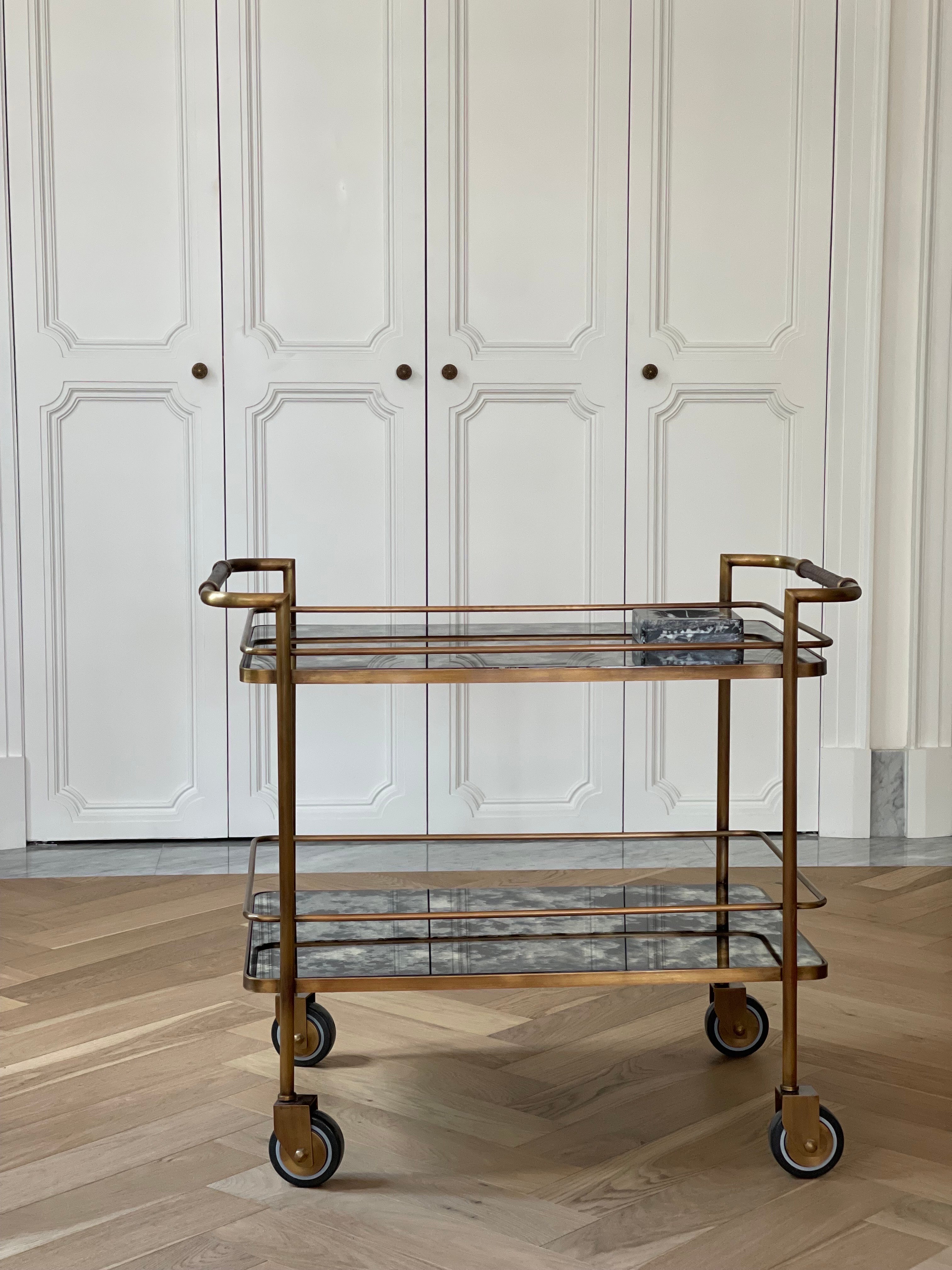 Brass Bar Cart with Aged Mirror and Leather For Sale at 1stDibs