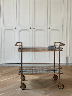 Brass Bar Cart with Aged Mirror and Leather