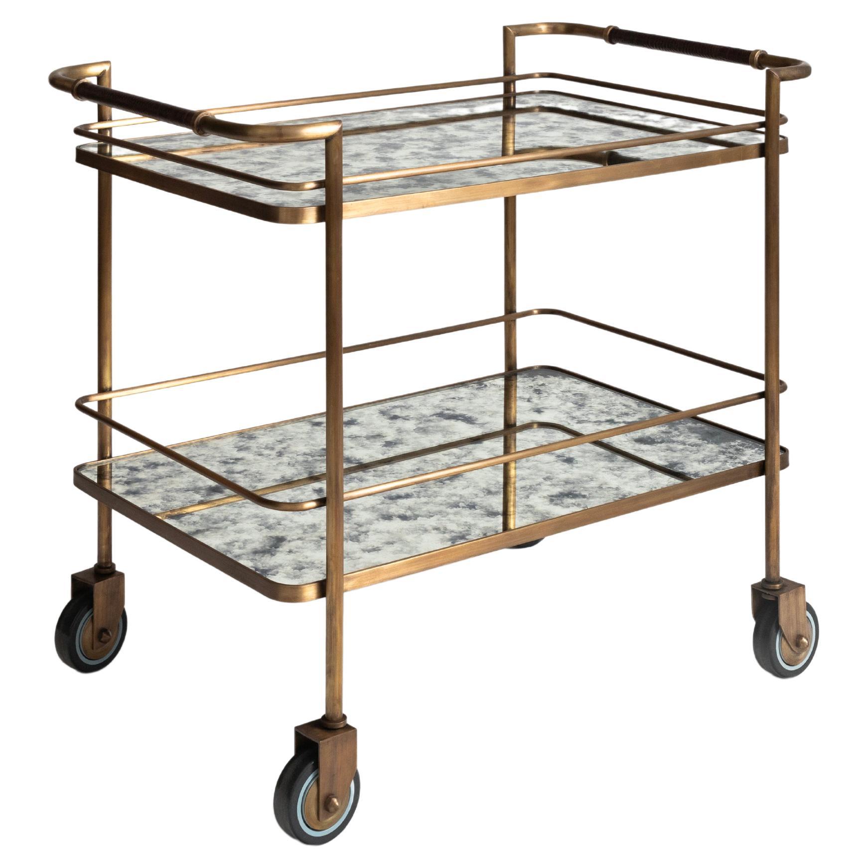 Brass Bar Cart with Aged Mirror and Leather For Sale