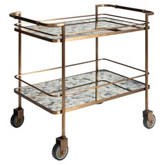 Brass Bar Cart with Aged Mirror and Leather