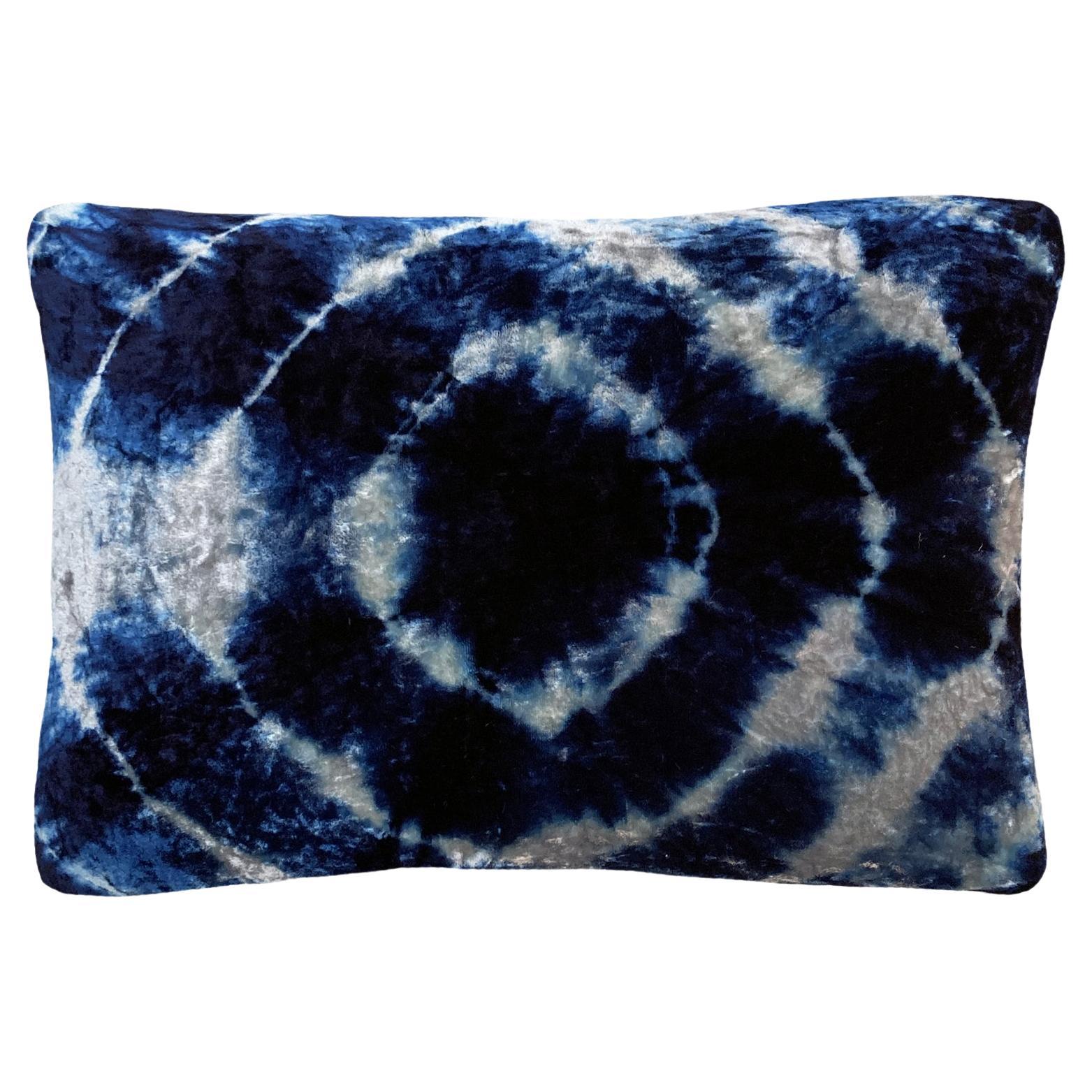 Handdyed Velvet Throw Pillow in Silver Grey and Indigo Blue Halo