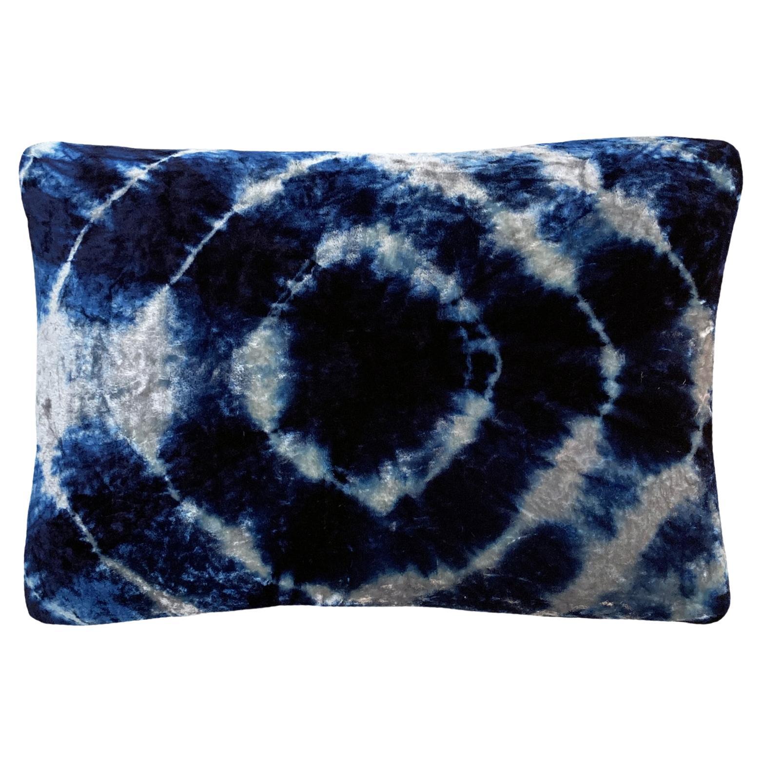 Hand Dyed Silk Velvet Pillow, Silver & Indigo Blue Halo For Sale