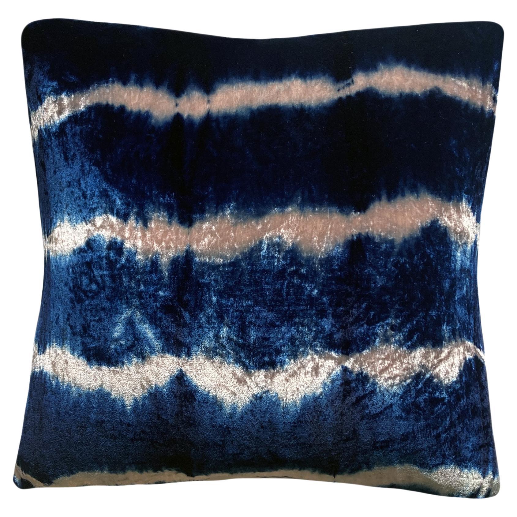 Hand Dyed Silk Velvet Pillow, Rose Pink & Indigo Blue Stripe Abstract Pattern