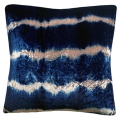 Hand Dyed Silk Velvet Pillow, Rose Pink & Indigo Blue Stripe Abstract Pattern