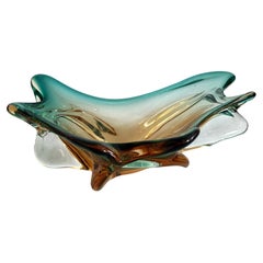 Murano Blown Glass Centerpiece Bowl in Green and Amber, 1970s