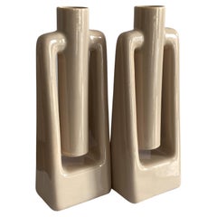 Used Haeger Beige Ecru Abstract Postmodern Vases, Pair of Two