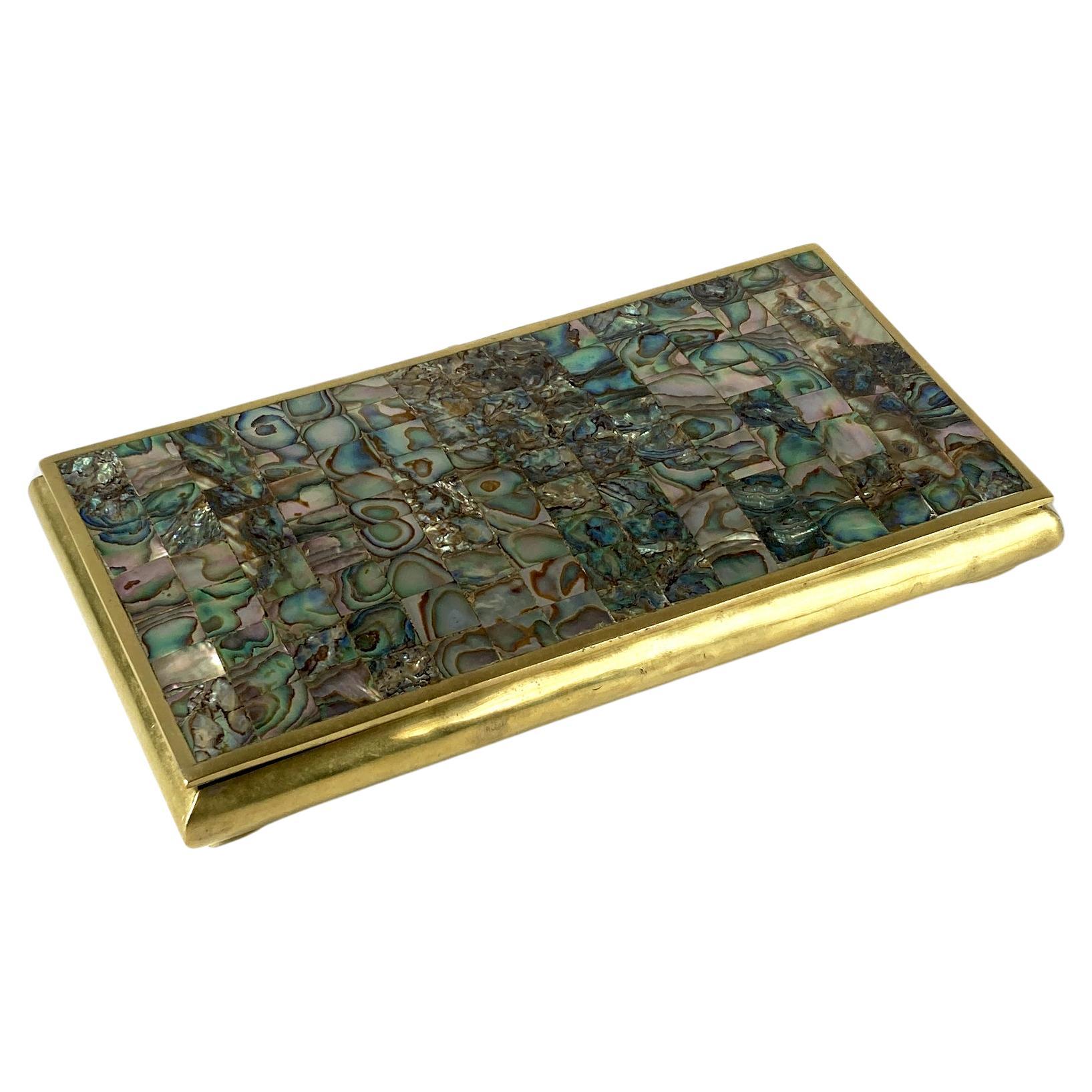 Midcentury Hinged Abalone Shell and Brass Box, Mosaic Pattern on Lid, Wood-lined For Sale