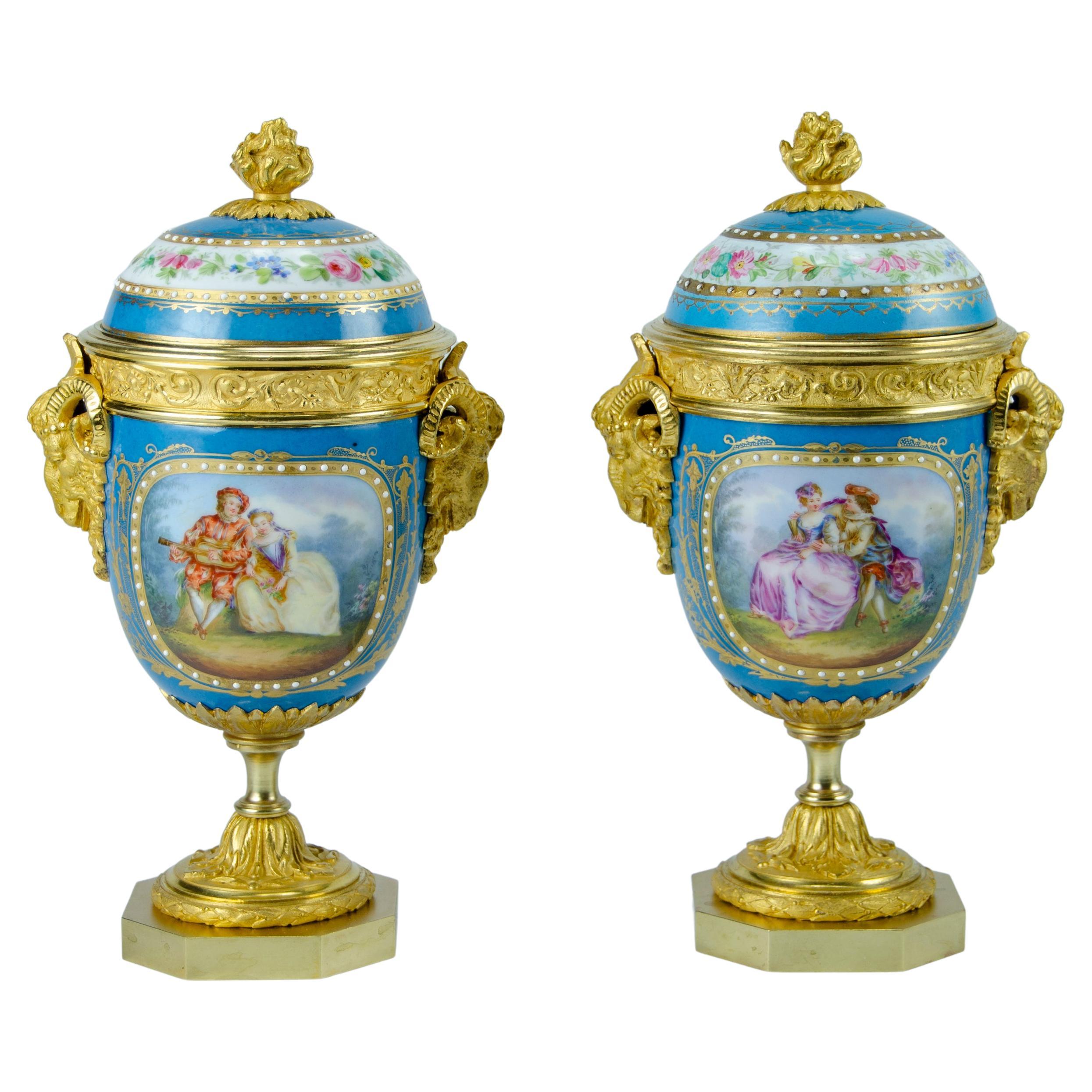 Pair of Turquoise Amphorae Attributed to Sevres For Sale