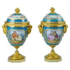 Vintage Pair of Turquoise Amphorae Attributed to Sevres