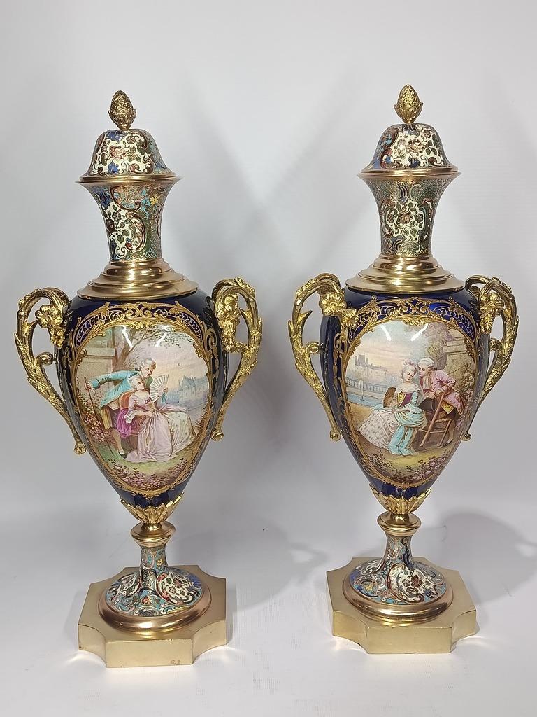 Cloissoné Elegant pair of Sèvres-style porcelain vases For Sale