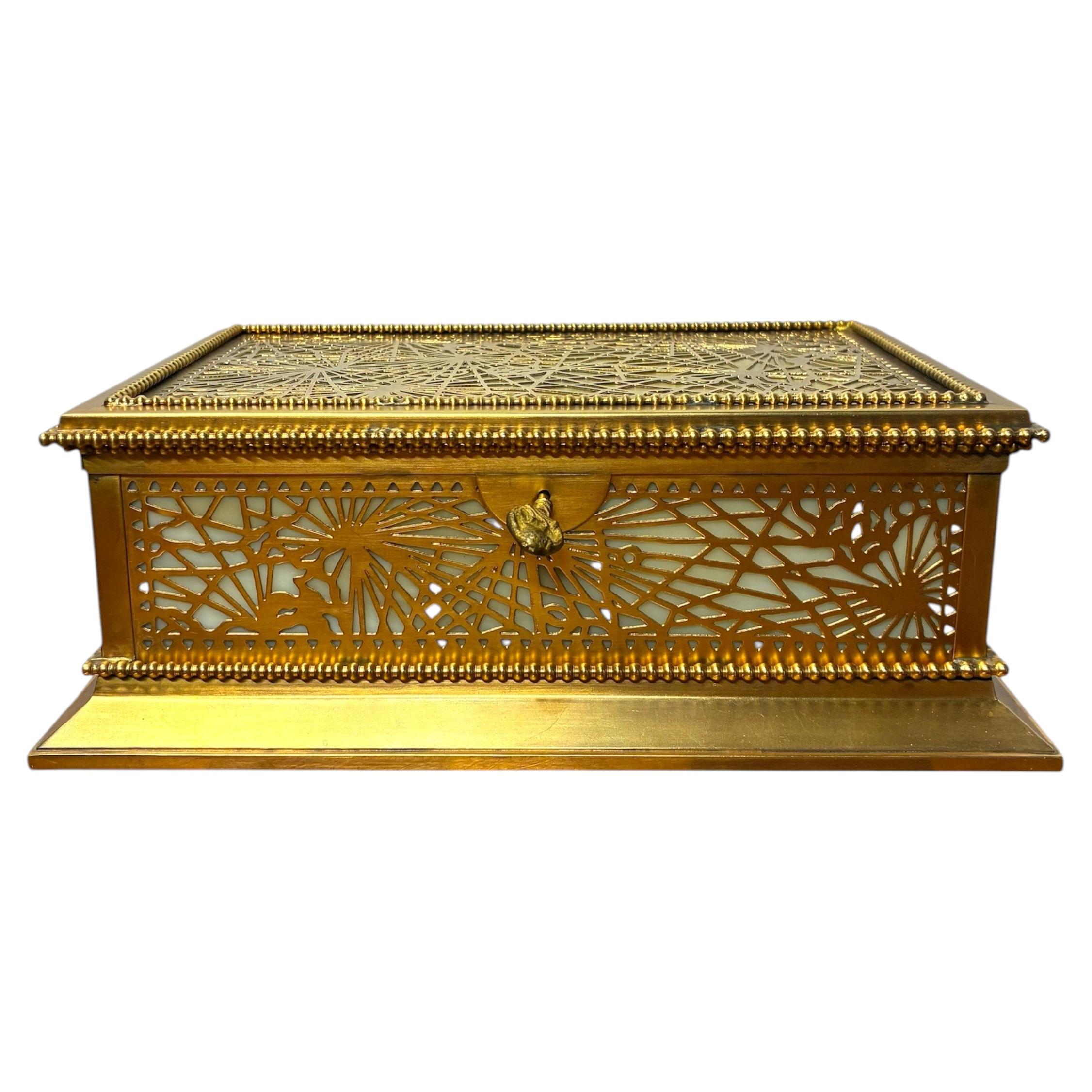 Pre-owned Tiffany & Co Tiffany Studios Art Nouveau Bronze And Glass Paste Jewelry Box 1910 In Gold