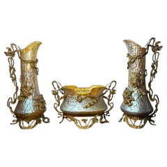 Austrian Art Nouveau Jardinière Garniture with Iridescent Glass and Gilded bronz