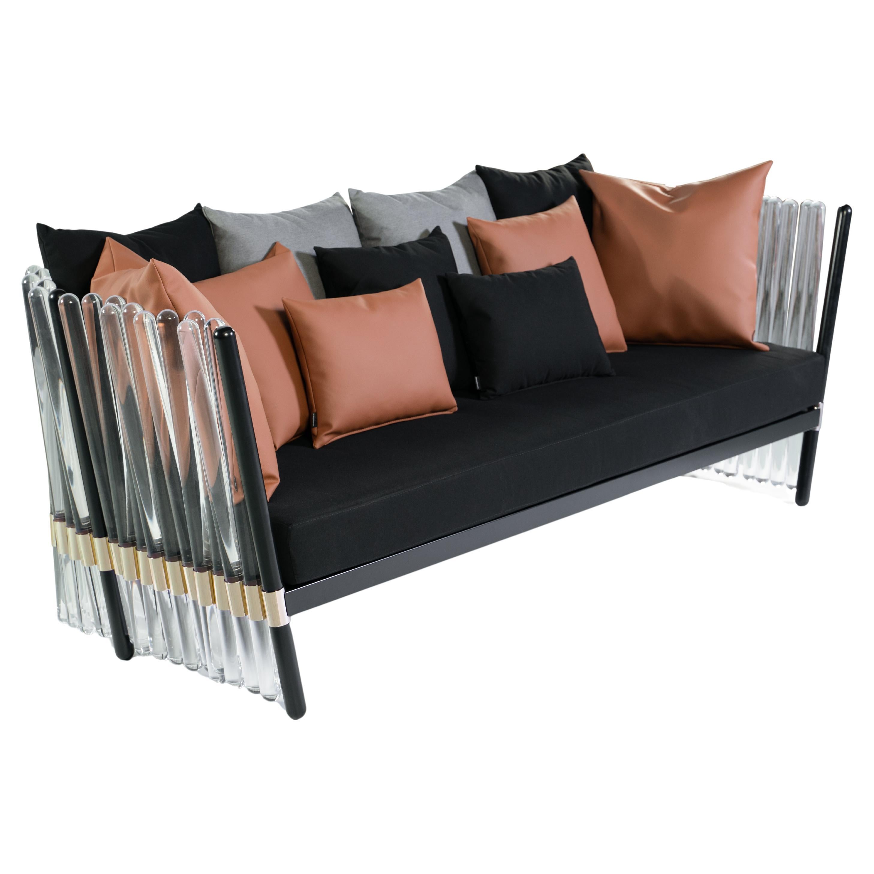 Outdoor Sofa with Clear Acrylic and Gold Plated Upholstered in Acrylic Fabrics For Sale
