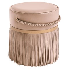 "Revoar" Fringes Ottoman with Chain Handle in Natural Leather and Golden Details