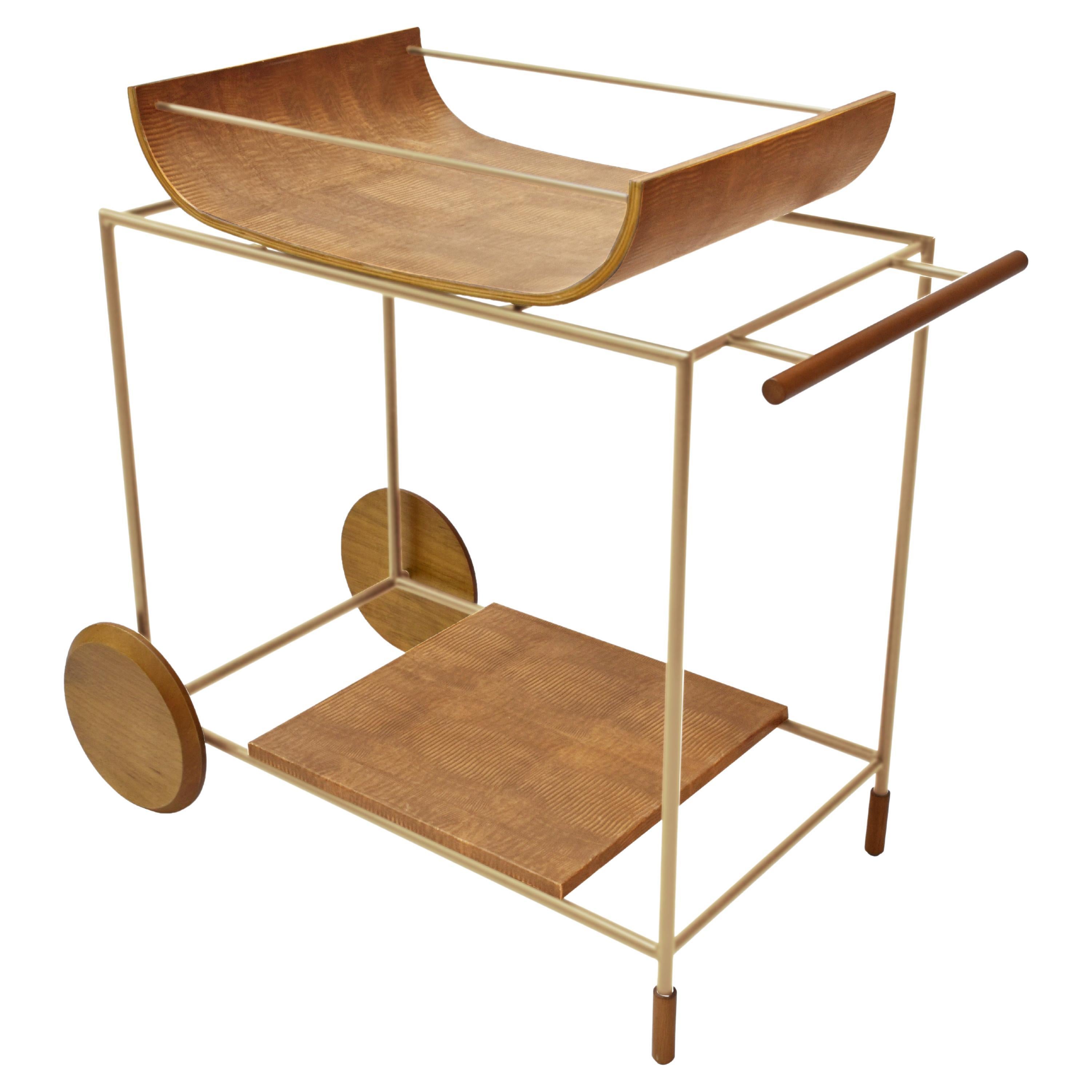 "Dionízio" Bar Cart in Black Carbon Steel Natural Wood Details and Leather 