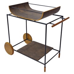 Carrito de Bar "Dionízio" de Acero al Carbono Negro Detalles de Madera Natural y Cuero