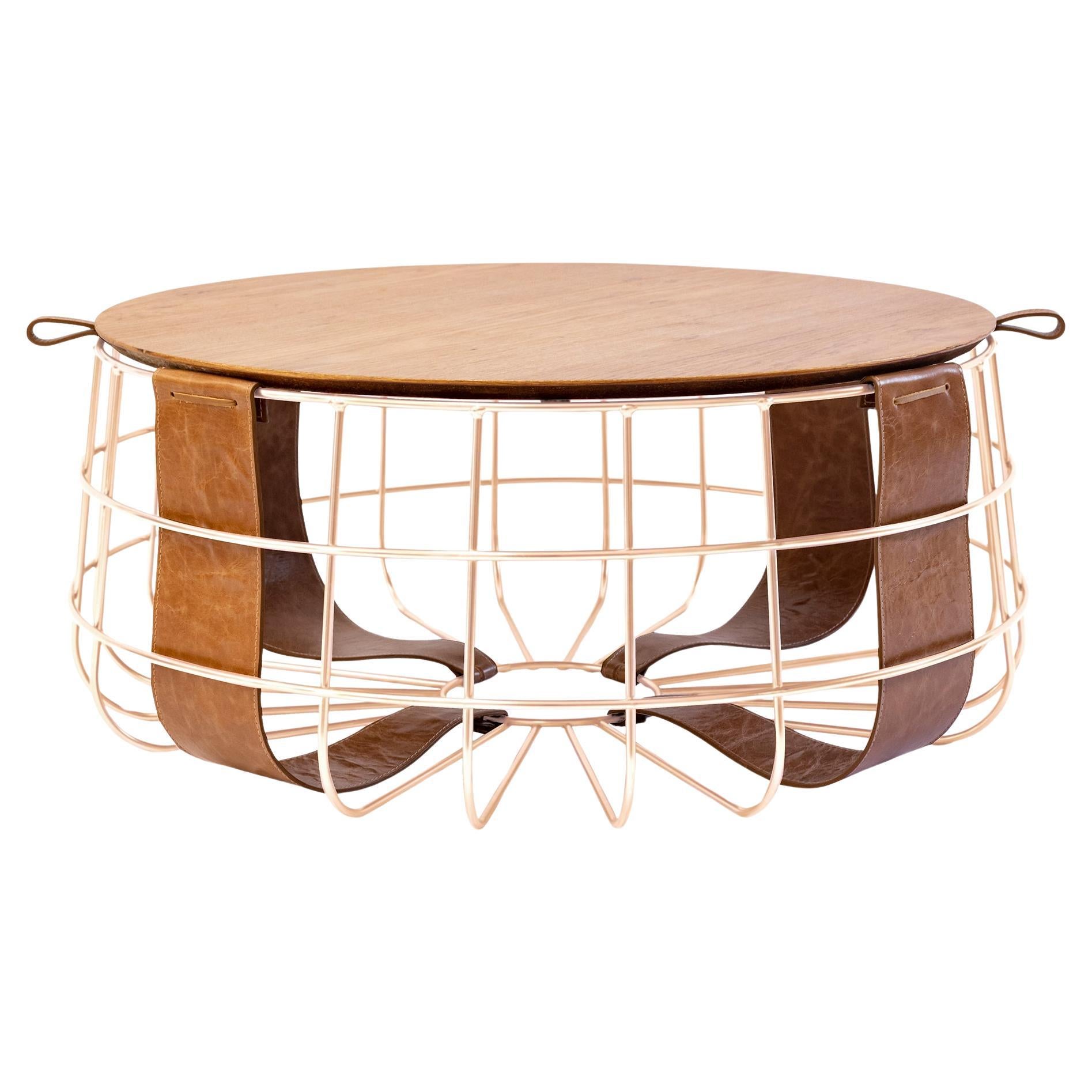 "Forseti" Chest Coffee Table in Golden Carbon Steel Leather Strips For Sale