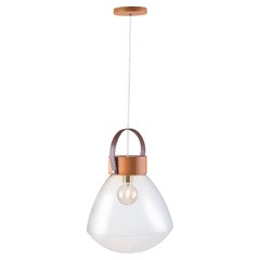"Luzeiro" Medium Size Pendant Crystal Glass Dome Leather Strap and Wood Base