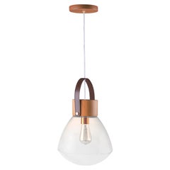 "Luzeiro" Large Size Pendant in Crystal Glass Dome Leather Strap and Wood Base