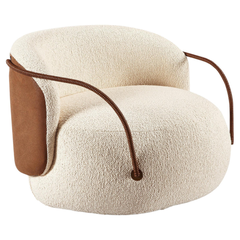 "Pietra" Curved Swivel Armchair Upholstered in Bouclé Fabric with Leather Arms