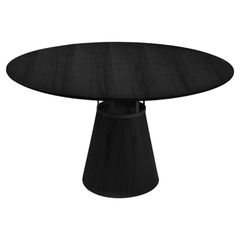 Tavolo da pranzo rotondo "Farol" con base a cono in laminato di legno nero e dettagli in metallo