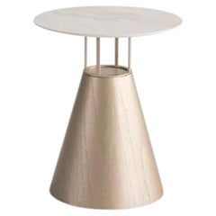 "Farol" Side Table Cone Base in Golden Wood Laminate Top in Laminatto Calacata