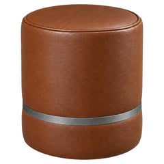 Ottoman in Natural Leather Upholstery and Metal Rim