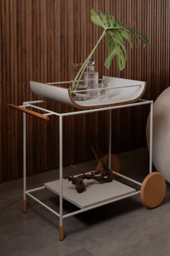 "Dionízio" Bar Cart in Black Carbon Steel Wood Details and Off White Leather