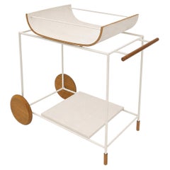 "Dionízio" Bar Cart in Black Carbon Steel Wood Details and Off White Leather